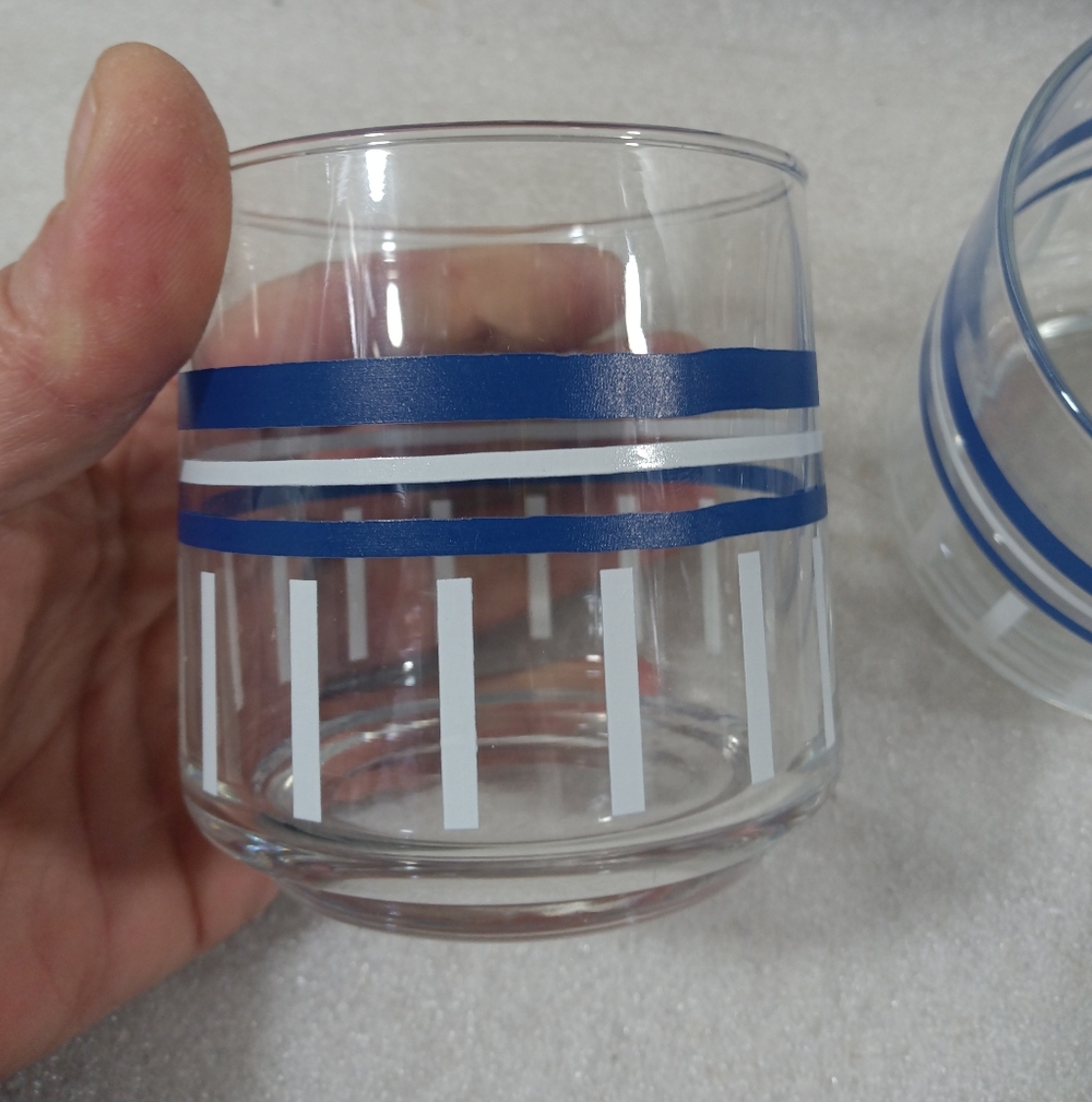 Vintage MCM Rocks Glasses Blue White Striped Set Of 4